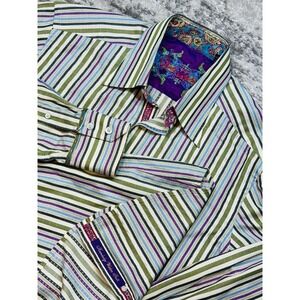 Robert Graham Button Down Shirt Mens M Green Striped Knowledge Wisdom Truth